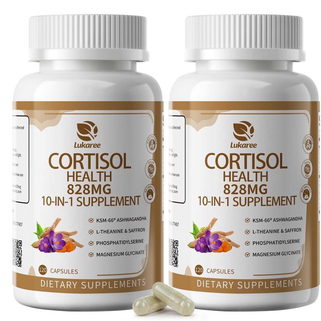 10-IN-1 Suplementos de cortisol com magnésio, Ashwagandha, Camomila, L-Teanina, Fosfatidilserina, hipericão, Astragalus, Vitamina C & D3, para homens, 240 cápsulas Vegan para 4 meses, Não-GMO