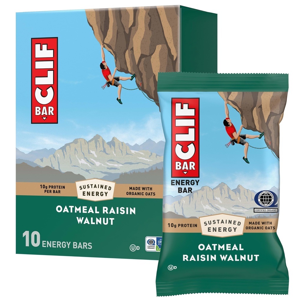CLIF BAR - Barras de Proteínas Energéticas - Aveia Raisin Walnut - Feito com Aveia Orgânica - Barras de Energia - Não-GMO - (10 Pack)