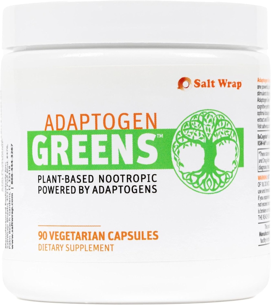 SaltWrap Adaptogen Greens - Fórmula de resistência à mente - Nootrópico sem cafeína para estresse, foco e desempenho cognitivo - 90 Cápsulas