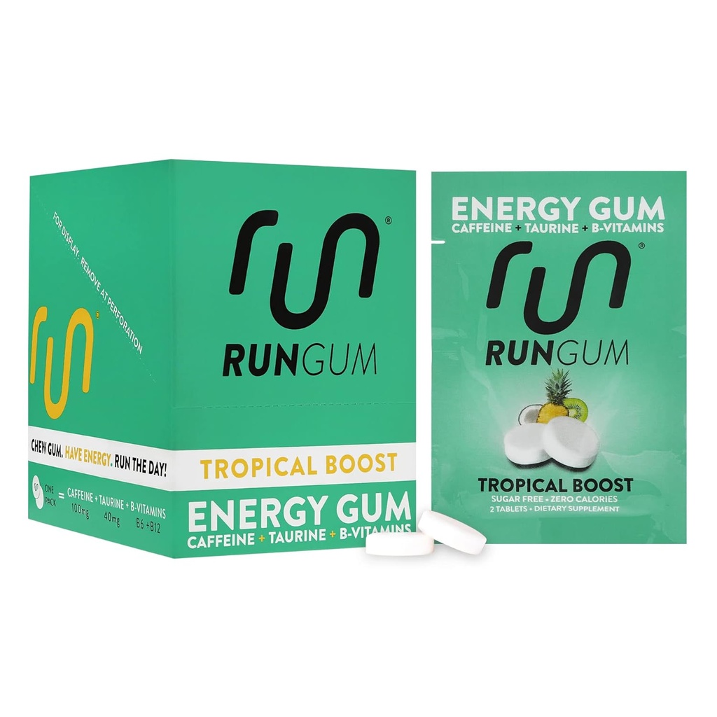 RUN GUM Tropical Boost Energia Mastigar chiclete 50mg Cafeína Taurine & B-Vitaminas por peça, 24 Peças (Pacote de 12) Açúcar Livre, Zero Caloria, Sem Aspartame, e Glúten Livre, 1 ea