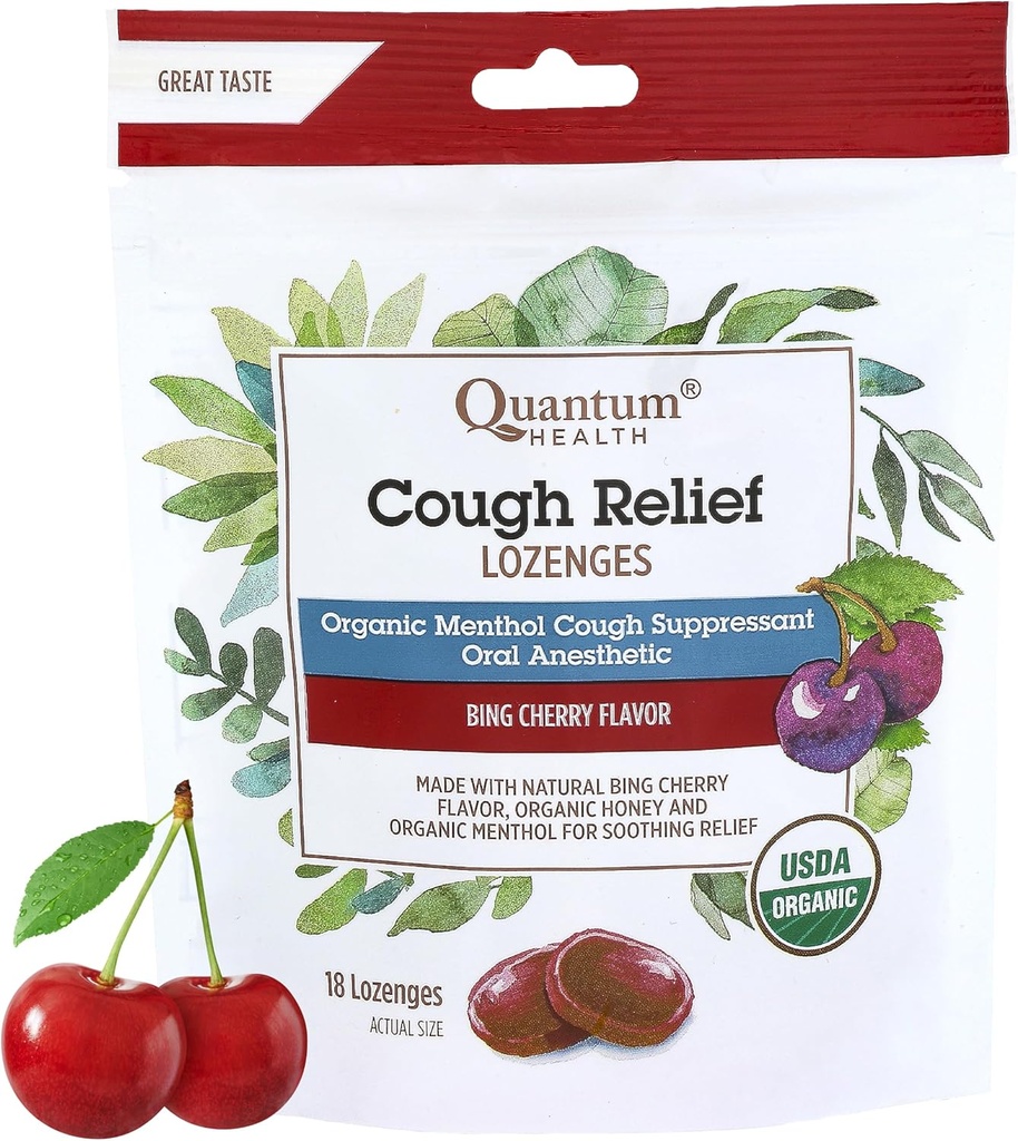 Saúde Quântica USDA Organic Cough Drops Menthol & Honey Throat Lozenges - calmante Bing Cherry Flavored Supressor - alívio da garganta seca & dor para adultos e crianças - 18 Conde