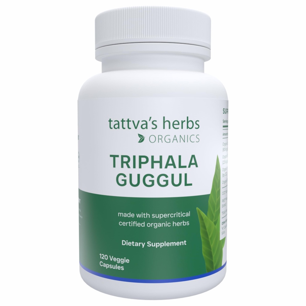 Suplemento de ervas de Tattva Triphala Guggul, Suplementos de ervas de Ayurveda, Saúde Digestiva e Apoio, Cápsulas Triphala Orgânicas, 120 Conde, 25 Anos de Serviço Premium