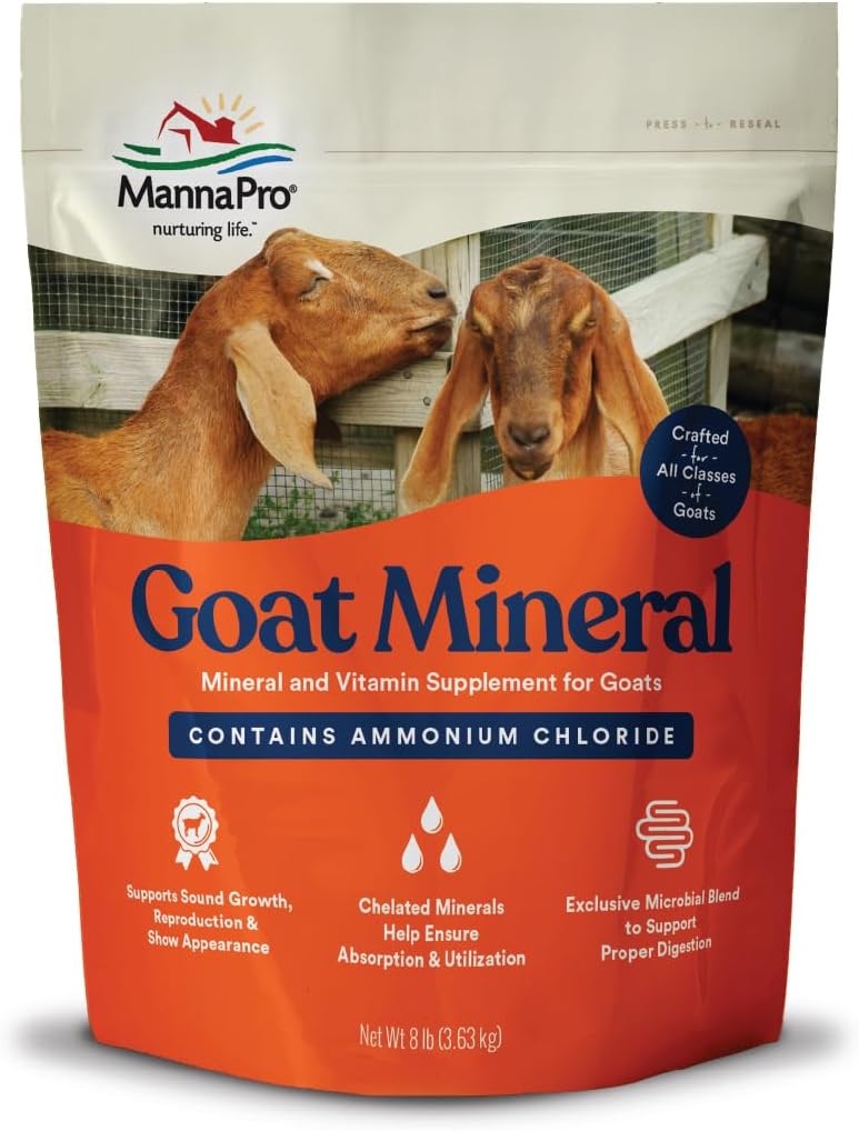 Manna Pro suplemento mineral cabra, vitaminas essenciais e minerais para o crescimento e desenvolvimento, inclui cloro de amônio e mistura microbial para a saúde digestiva, 8 lbs