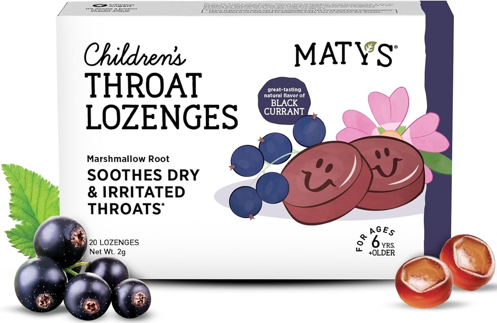 Matys Crianças Garganta Lozenges para Idades 6 anos +, Saboroso sabor groselha preta, Soothe Dry & Irritated Garganta & Vozes com raiz de Marshmallow, Açúcar livre, Vegan, Dye Free, Alcohol Free, 20 Contagem