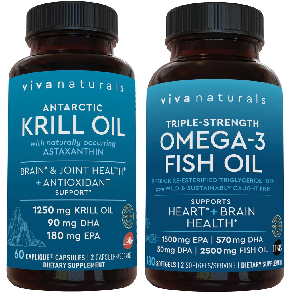 Óleo de Krill Antártico e Triplo-Forte Omega 3 Fish Oil Bundle, 1250 mg Krill Oil & 2.200 mg Fish Oil Per Servindo Fornecendo Omega 3 EPA e DHA