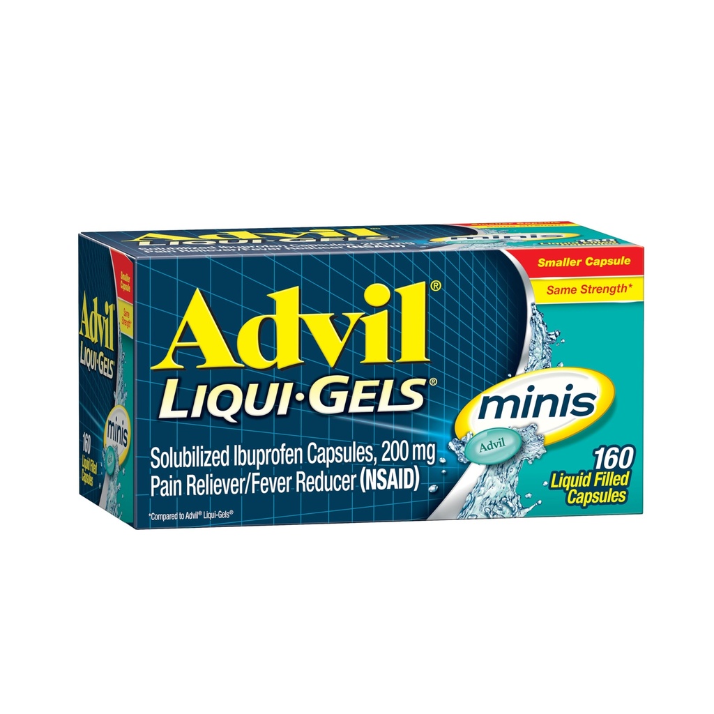 Advil Liqui-Gels Minis Reliever Dor e Redutor de Febre, Medicina da Dor para Adultos com Ibuprofeno 200mg para alívio da dor - 160 Cápsulas Enchidas Líquidas