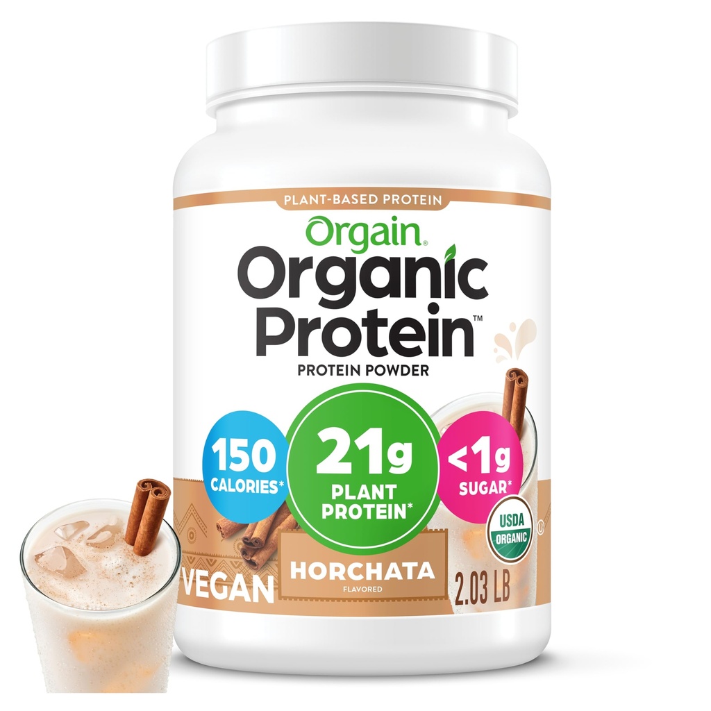 Orgain Organic Vegan Protein Powder, Horchata - 21g Proteína Baseada em Plantas, 9g Fibra Prebiótica, Baixo Carb Net, Sem Ingredientes Lactose, Sem Açúcar Adicionado, Não-GMO, Para Shakes & Smoothies, 2.03 lb