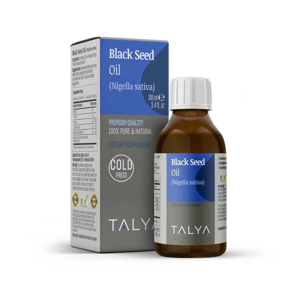 TALYA Black Seed Oil 3,4 fl. oz (100 ml) - Líquido Black Seed Oil - Suplemento dietético - Suporte imunológico - alta timoquinona - frio prensado - Puro Turco Black Seed Oil - Não-GMO - Garrafa de vidro