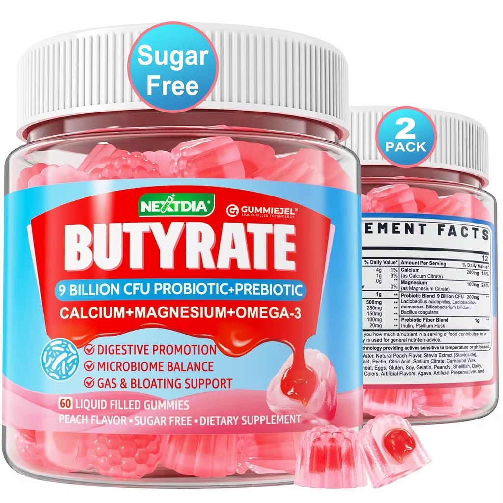 Gummies de butirato com Probiótico + Prebiótico + Postbiótico, Omega-3 500mg,9 Bilhões CFU Probióticos com Fibra, Cálcio & Magnésio, Inulina,Psilium Husk para Saúde Digestiva,Bloating Support,Sugar Free