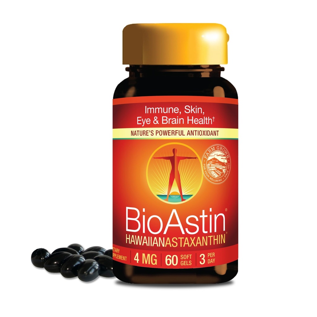 Nutrex Hawaii BioAstin Hawaiian Astaxantina - 4mg, 60 Softgels - Farm-Direct Suplemento Antioxidante Premium para apoiar olho, pele, sistema de saúde articular e imune - Não-GMO e sem glúten