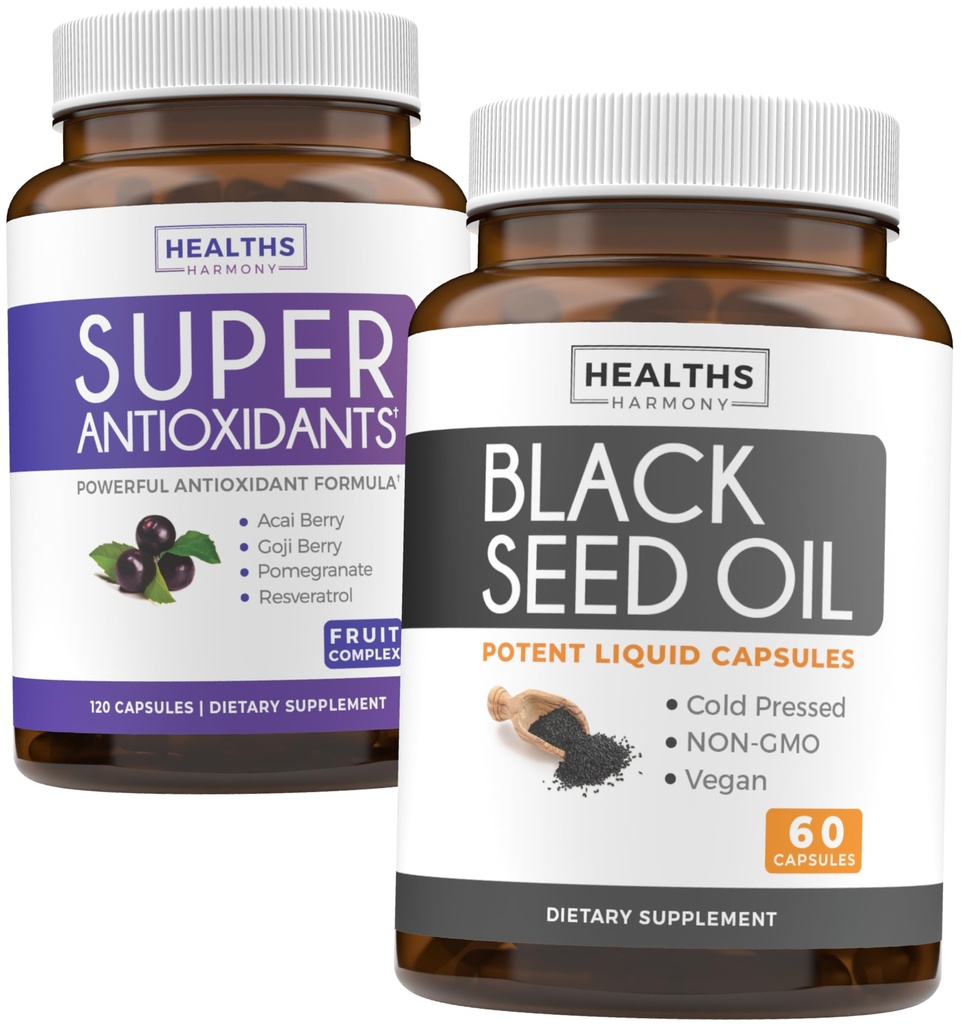 Antioxidantes & óleo de semente preta (1-fornecimento de mês) Super suplemento antioxidante com Acai Berry, Goji Berry, Romã & Resveratrol Trans (120 Cápsulas) & Óleo de semente preta (Não-GMO & Vegan) 60 Cápsulas