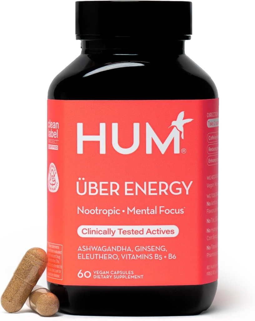 HUM Uber Energia Suplemento de Suporte Energético Adrenal com Ashwagandha Root, Ginseng, B Vitaminas, Vitamina B6, B5, e Adaptogens, Suplementos para Fadiga Adrenal Suporte, 60 Cápsulas Vegan