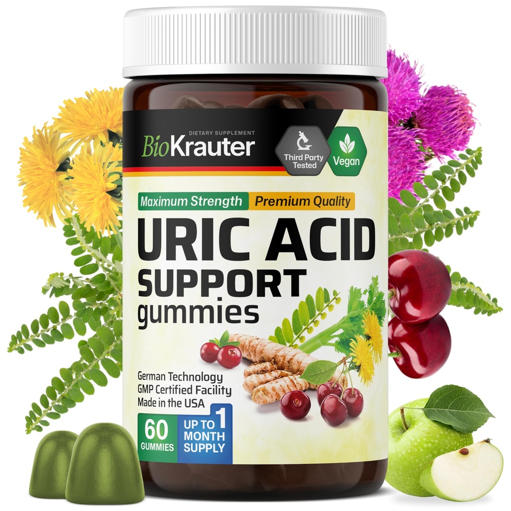 BIO KRAUTER Piedra de suporte ácido úrico chicletes - 60 Vegan Chews - Suporte ácido úrico w/Tart Cherry & Chanca Piedra 4:1 Extratos - Suplemento de rim natural w/Milk Thistle e açafrão