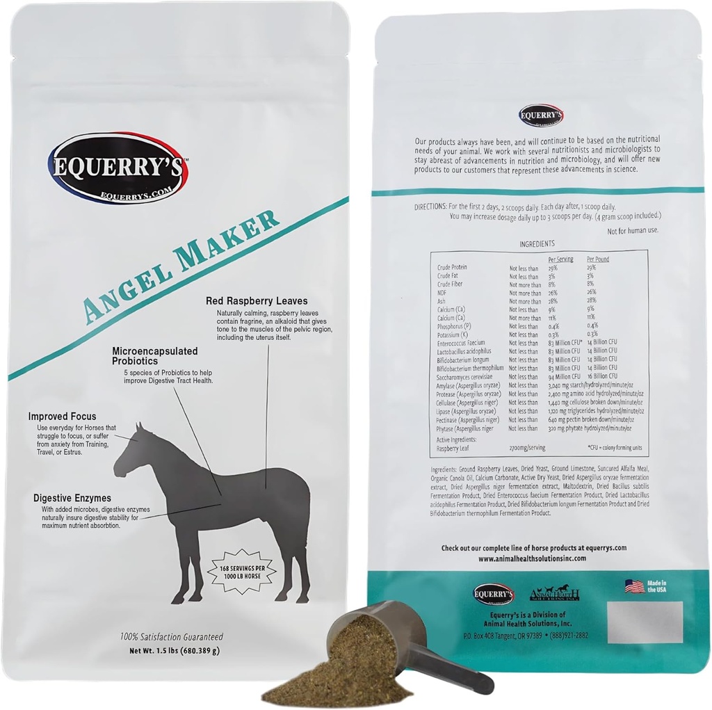Exerry's Angel Maker, Folha de framboesa, Suplemento de Probióticos Microencapsulados para Tratamento de Úlcera de Cavalo & Calmness Saúde Digestiva & Foco, 1.5lb.