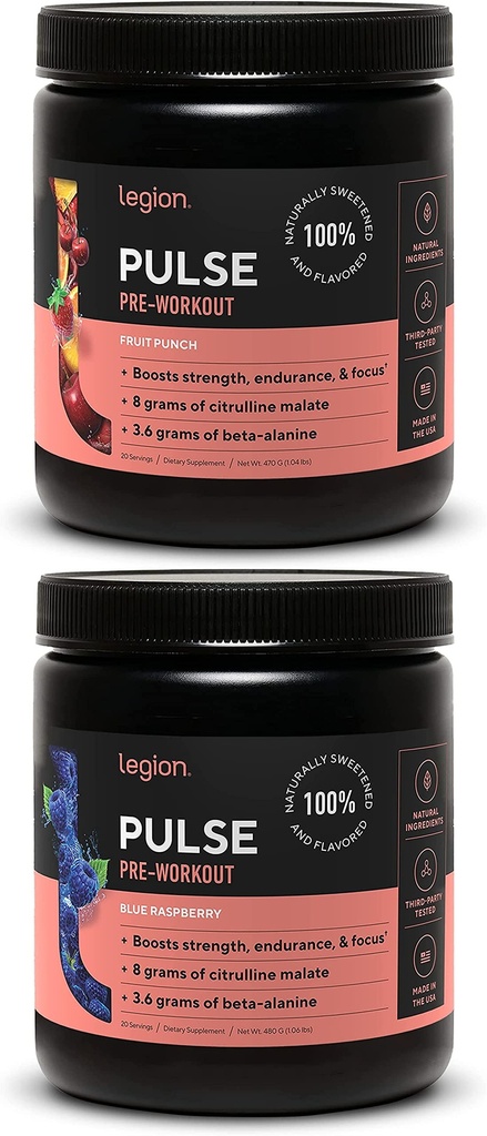 LEGION Pulse Pre Treino Suplemento - Todos os óxidos nátricos naturais Pré-treino bebida para aumentar a energia, Creatina livre, naturalmente adoçado, Beta Alanine, Citrulina, Alpha GPC (Fruit Punch & Framboesa Azul)