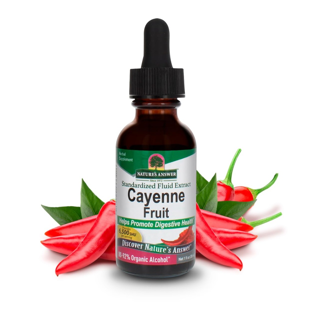 Resposta da natureza Cayenne Fruit Extract □ Ajuda a promover a saúde digestiva □ Alta potência feita com álcool orgânico □ Vegan, Sem glúten, Não-GMO & Kosher certificado 1 oz