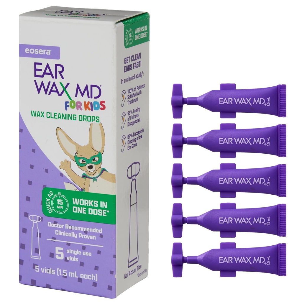 Eosera® Ear Wax MD® para crianças - Ear Wax Cleaning Drops, 5pk Vials □ Fast-Acting □ Quebra e Dissolve Ear Wax em tão pouco quanto 1 tratamento;