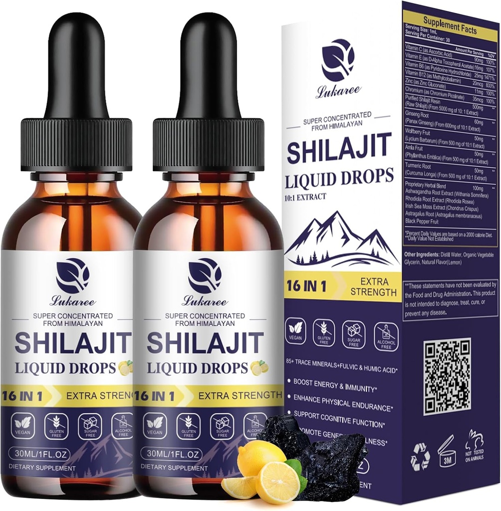 (2 Pack) Shilajit para homens e mulheres, 16-em-1 Liquid Shilajit Drops, Trace Minerals, Ginseng, Turmeric, Ashwagandha, Imune Support, Energy Boost & Joint Health, 2 FL. Oz