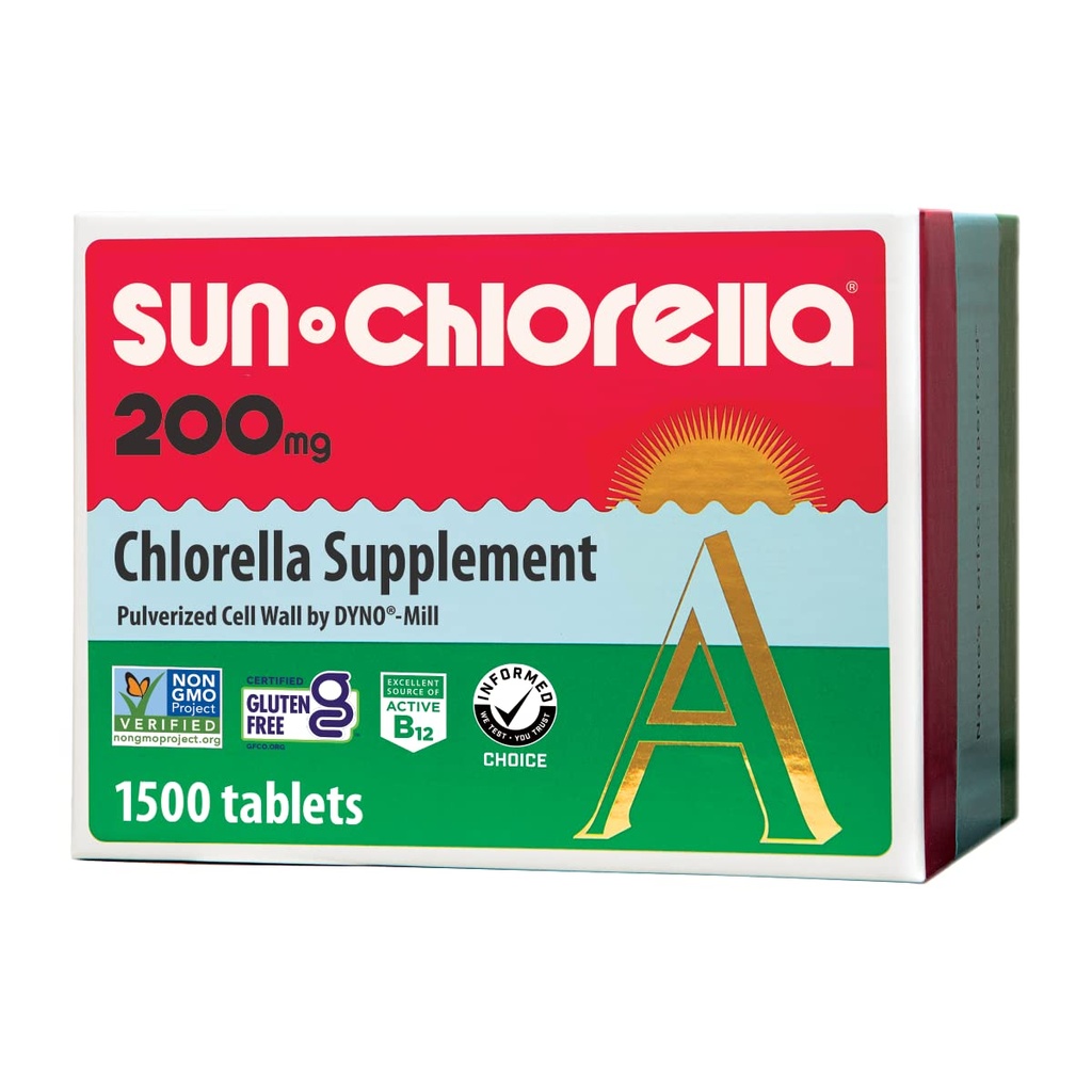 Sun Chlorela 200 mg Verde Algas Suplemento Superalimentar - Muralha Cell Pulverizada - Clorofila, CGF, Active B12, Ferro, Proteína - Não-GMO - 1500 Comprimidos