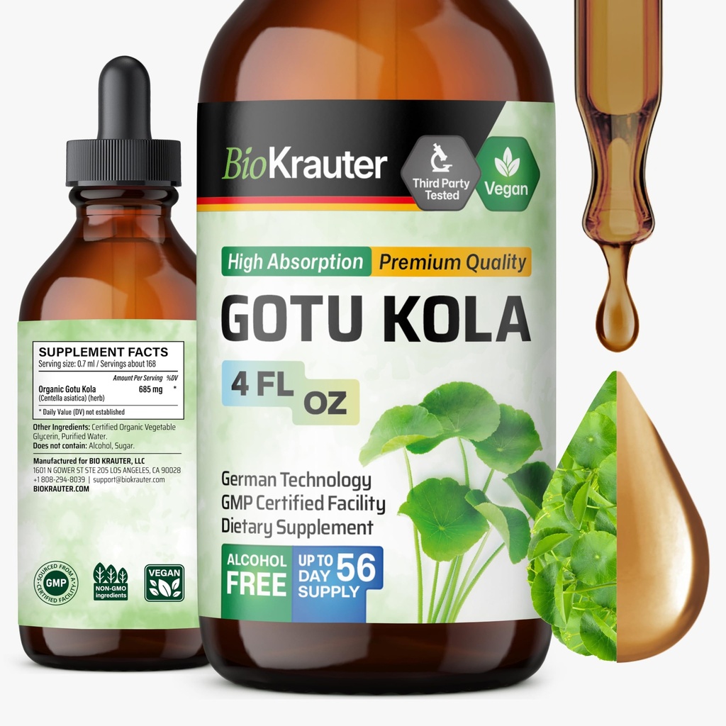 BIO KRAUTER Gotu Kola Tintura - Centella Asiatica Extract - Álcool e açúcar Free Gotu Kola Extract - Vegan Drops 4 Fl.Oz.