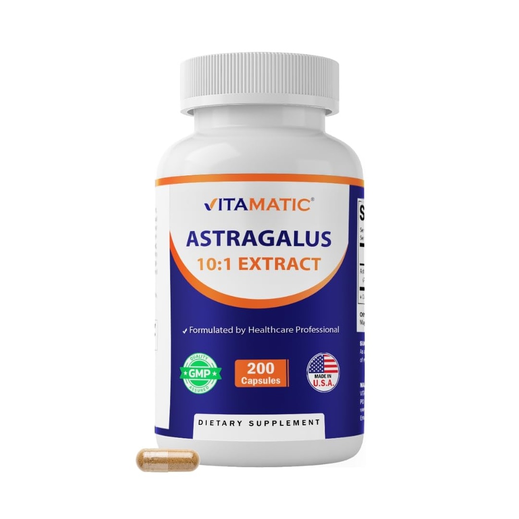 Cápsulas Vitamatic Astragalus 200 Veg Cápsulas - 10:1 Astragalus Extract 500mg - Não-GMO, Sem glúten
