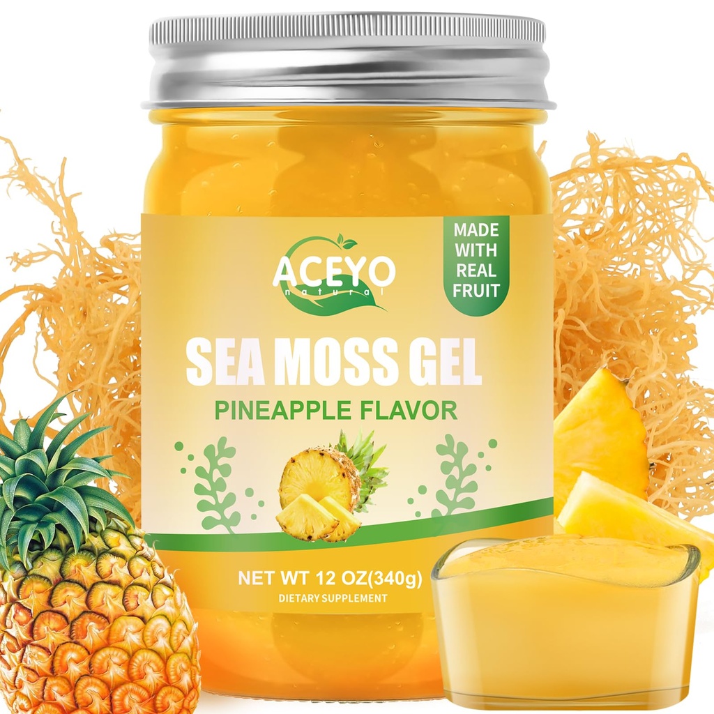 ACEYO (12 OZ Irish Sea Moss Gel Raw Vegan Abacaxi Sabor 102 Vitaminas e Minerais Selvagens Colhidas Não-GMO Imune Defense Booster Thyroid Digestive Support