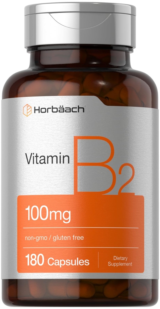 Horbäach Vitamina B2 100mg – 180 cápsulas – Suplemento de Riboflavina – Sem OGM e Glúten