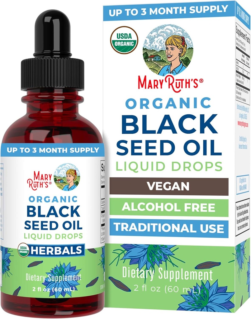MaryRuth Organics Black Seed Oil Liquid Drops Cold Pressed □ Fornecimento de 3 meses □ USDA Orgânico Black Cumin Seed Oil