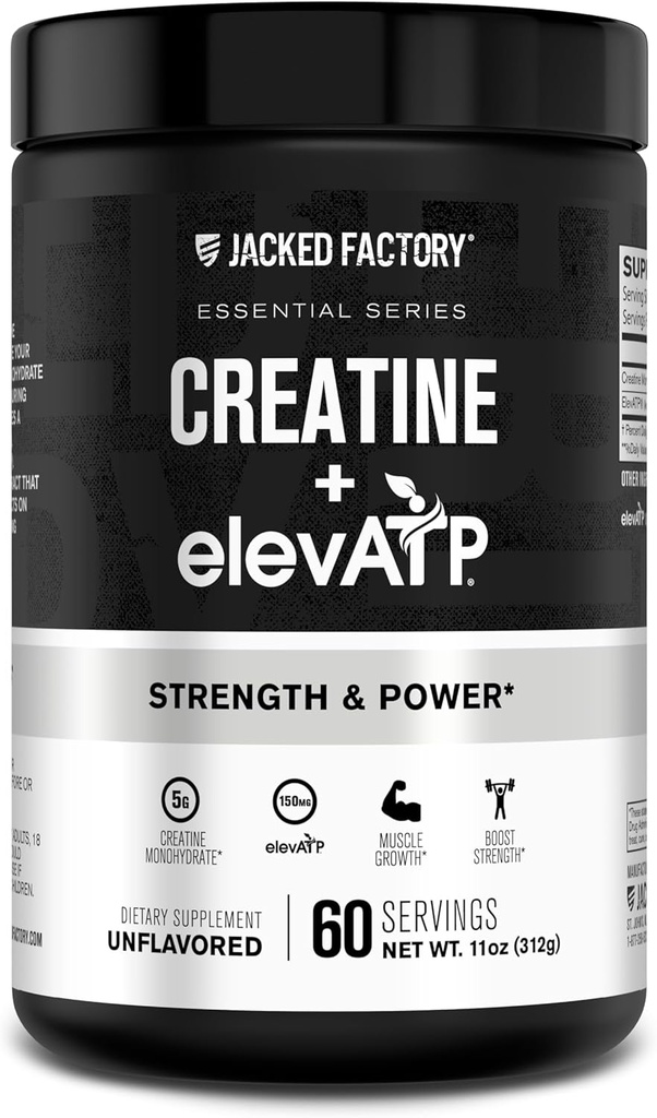 Creatina de fábrica Jacked + ElevATP - Creatina Monohidrato Pó para Crescimento Músculo, Aumento de Força, Saída de Energia Melhorada, com ElevATP para Energia Mantida e Endurance - 60 Servings, Desprezado