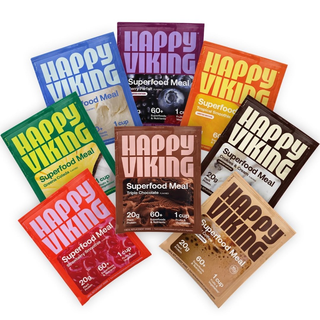 Happy Viking Variety Pack Plant Protein Powder, Criado por Venus Williams, 20G Protein, Low Carb, Keto, Vegan, Gluten-Free, Non-GMO, Superalimentos, Completa substituição de refeições, 8 Pacotes de serviço único