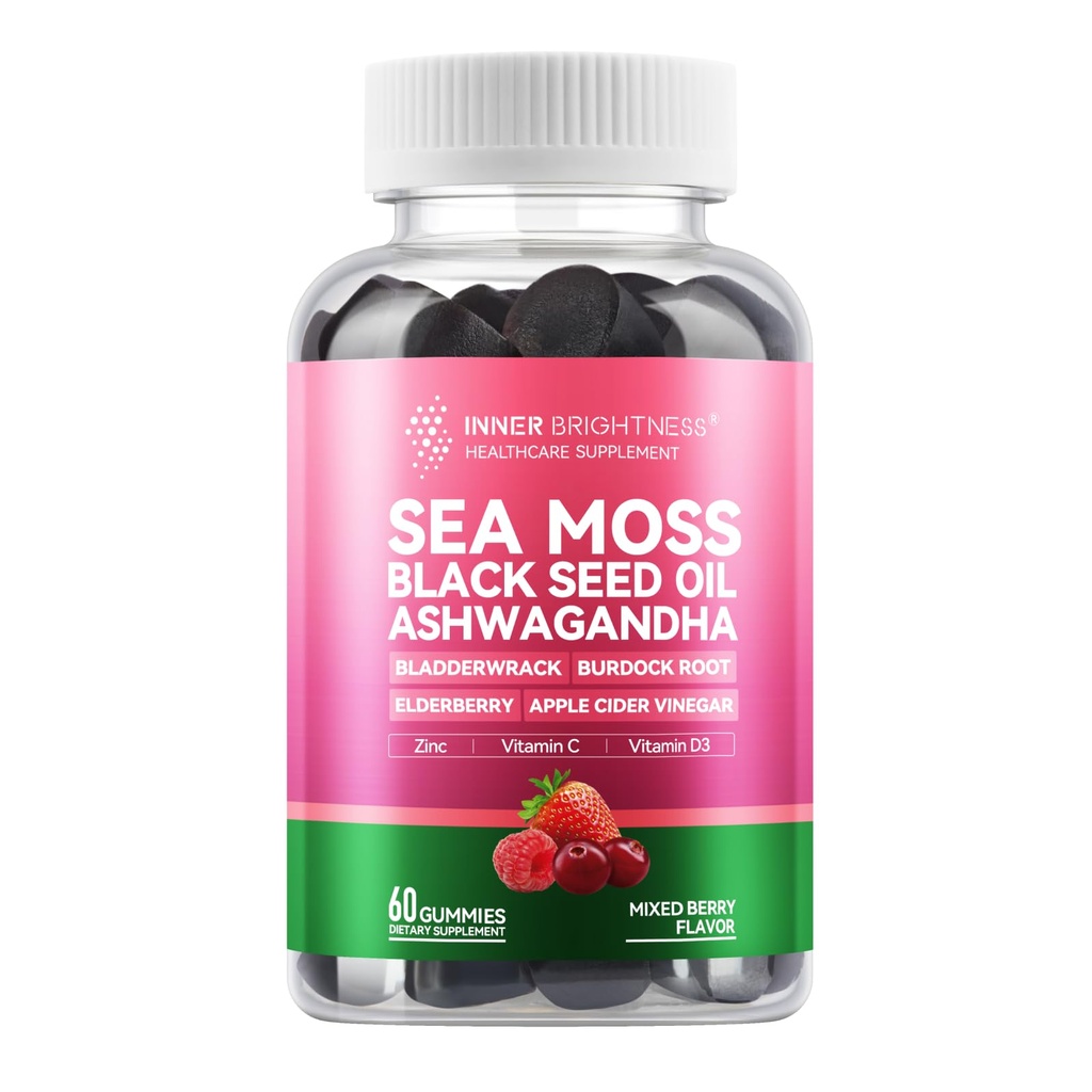 Sea Moss 4000mg Gummies with Ashwagandha, Elderberry, Apple Cider Vinagre, Bladderwrack, Burdock Root – Imune Support – Mixed Berry Flavor – 60 Count