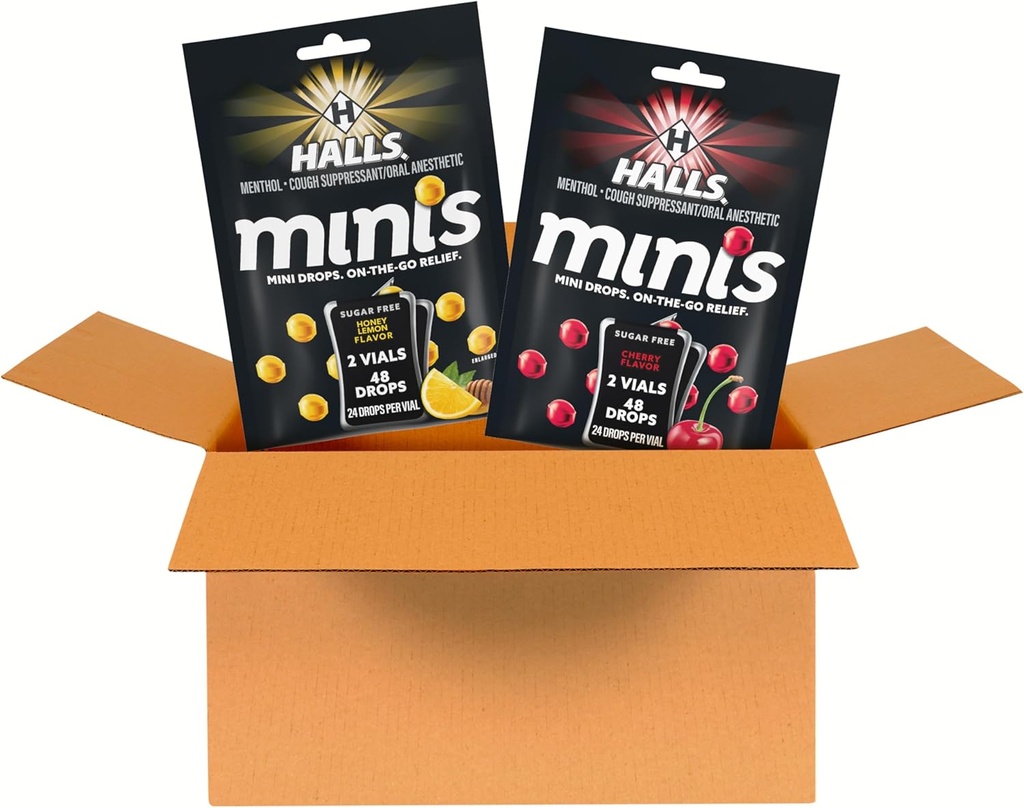 HALLS Minis Cherry and Honey Lemon Sugar Free Cough Drops Variety Pack, 2 sacos, 4 embalagens (96 gotas totais)