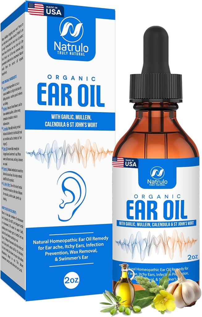 Óleo Orgânico de Orelha para Infecção Orelha - Eardrops Natural para Prevenção de Orelhas, Remoção de Orelhas e Ceras de Nadador - Crianças, Adultos, Bebê, & Dog Earache Remedy - com Mullein, Alho, Calendula Made in USA (2 Oz)
