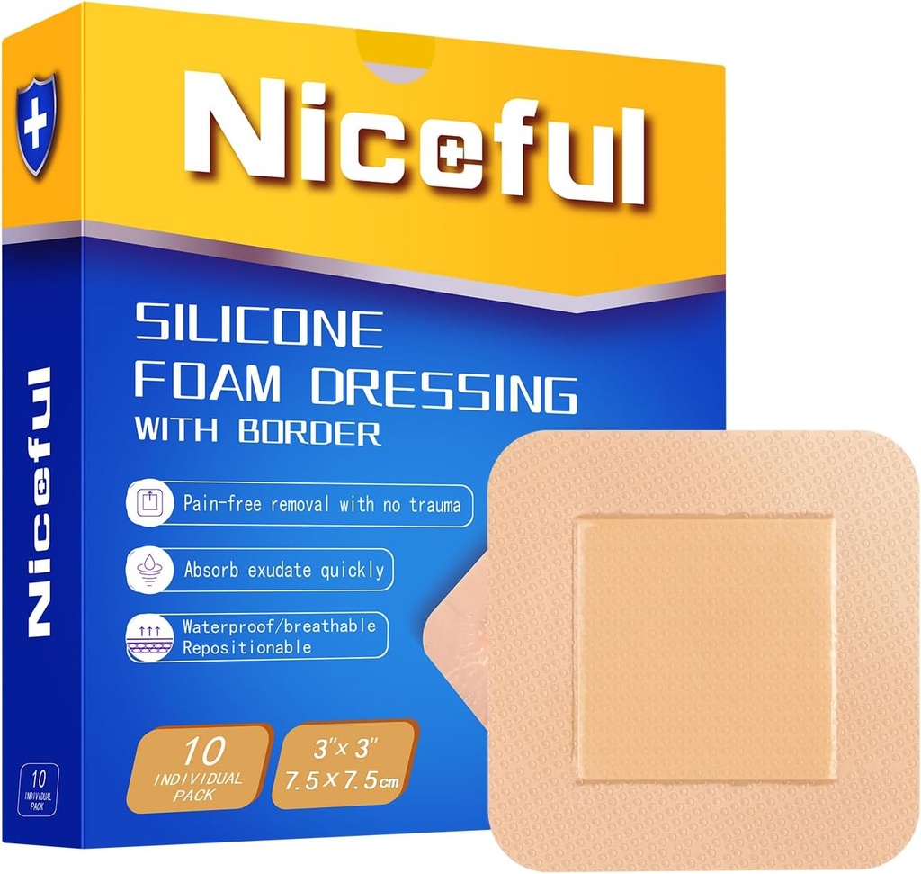 Vestido de espuma de silicone 3x3 em (7.5x7.5cm),High Absorbency Bed Wear Bandages Cuidados com feridas Dressing,Waterproof Silicone Bandages for Sensitive Skin Wound Care(10 Pcs)