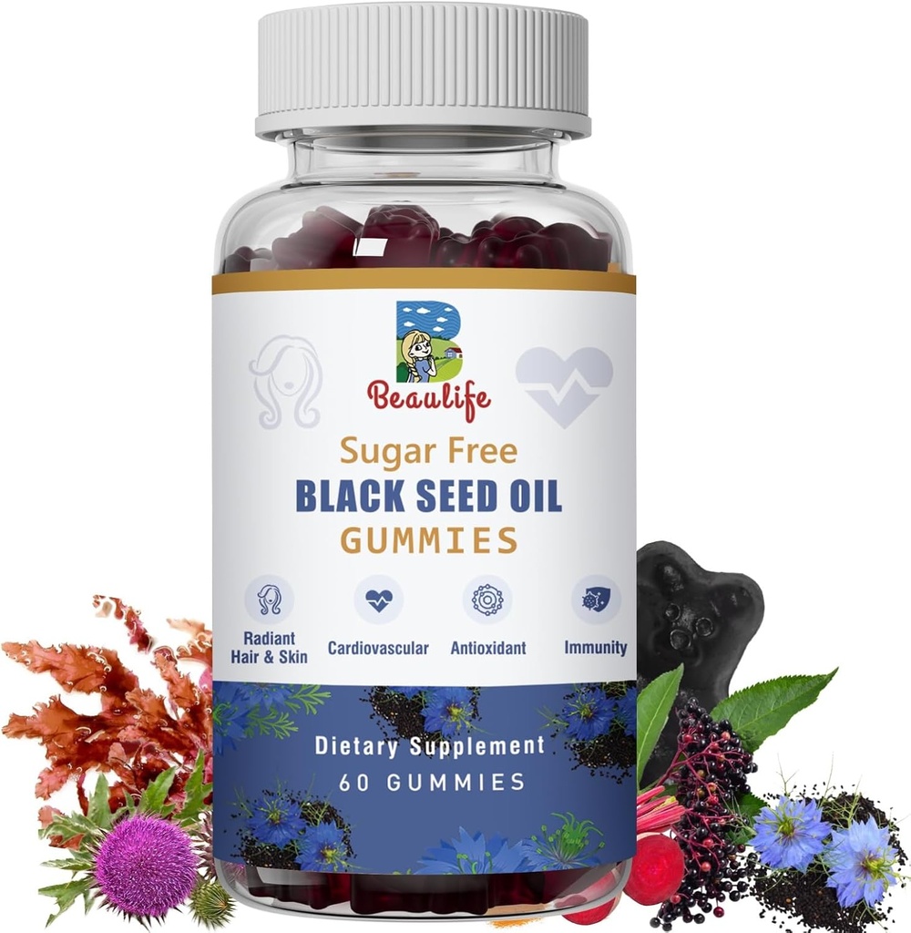 Gummies de óleo de semente preta, óleo de semente preta, musgo marinho, Ashwagandha, Elderberry, Açafrão, Açafrão, Vitamina C, D, zinco, Raiz de beterraba em pó, Sistema imunológico de apoio, Fígado, Saúde Cardiovascular, Cabelo Radiante & Pele