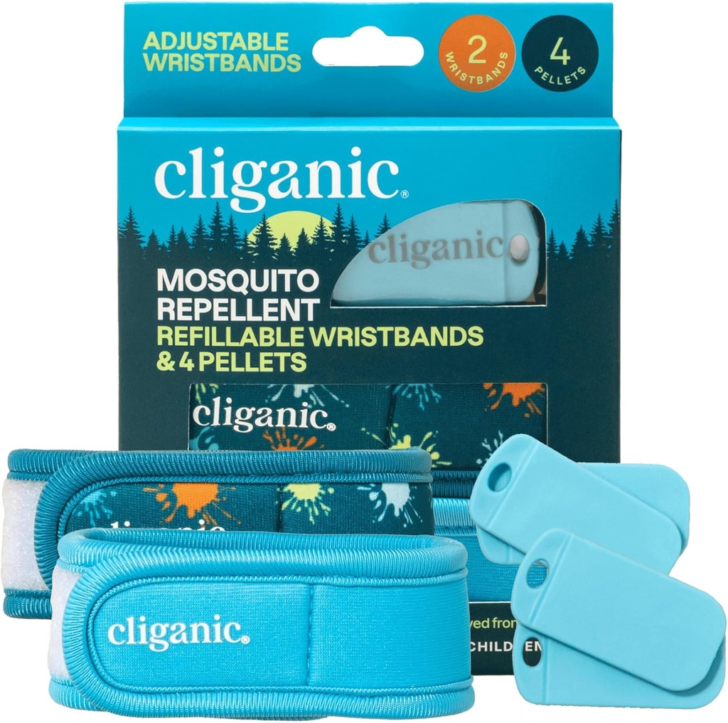Pacote Repelente de Mosquito Cliganic (2 pulseiras + 4 refil Pellets) - ajustável, sem DEET natural, óleo essencial infundido