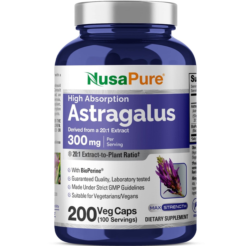 NusaPure Astragalus 20:1 Extract, 300 mg Equivalente a 6.000 mg por serviço, 200 Cápsulas Veggie, Não-GMO e Bioperina