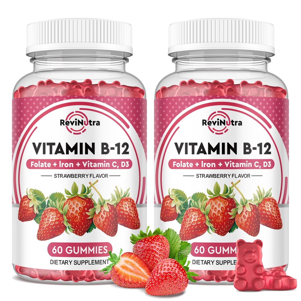 Vitamina B12 gomas complexas - 5000 mcg Metilcobalamina com ferro, vitamina C, D3 e folato, suporte energético e metabolismo, imune, B-12 Chewable Supplement for Men & Women, Strawberry Flavor, 2 Pack