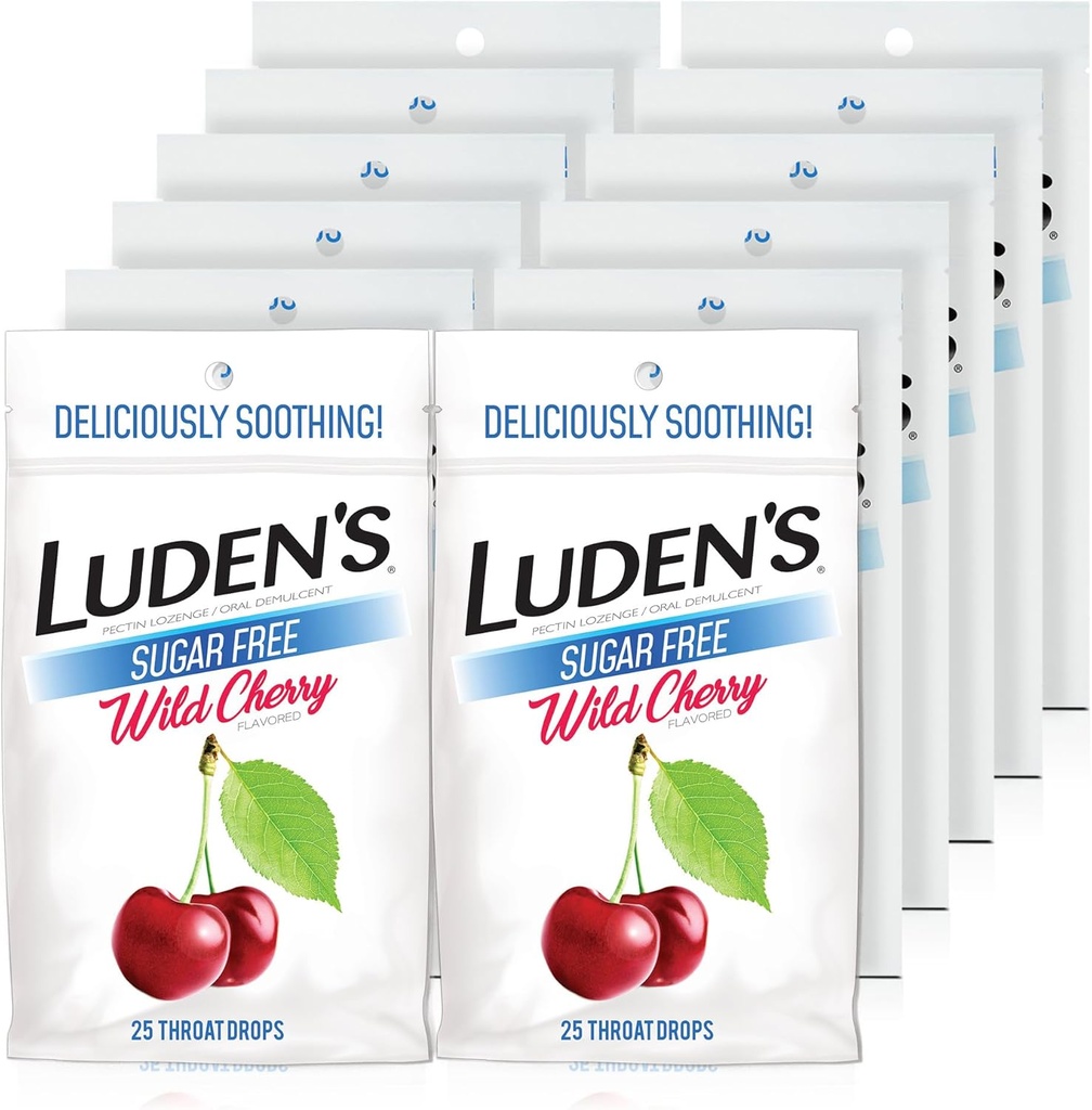 Gotas de Garganta de Cereja Selvagem Livre de Açúcar de Luden, Alivio da Garganta Dolorosa, 25 Count (12 Pack)