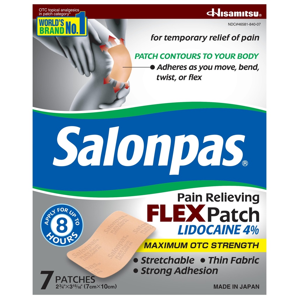 Salongas Força máxima OTC Lidocaína 4% Pain Aliviando FLEX Patch, Inscreva-se por até 8 horas, sem cheiro, fina, flexível, leve, Patch fica no lugar, 7 Patches