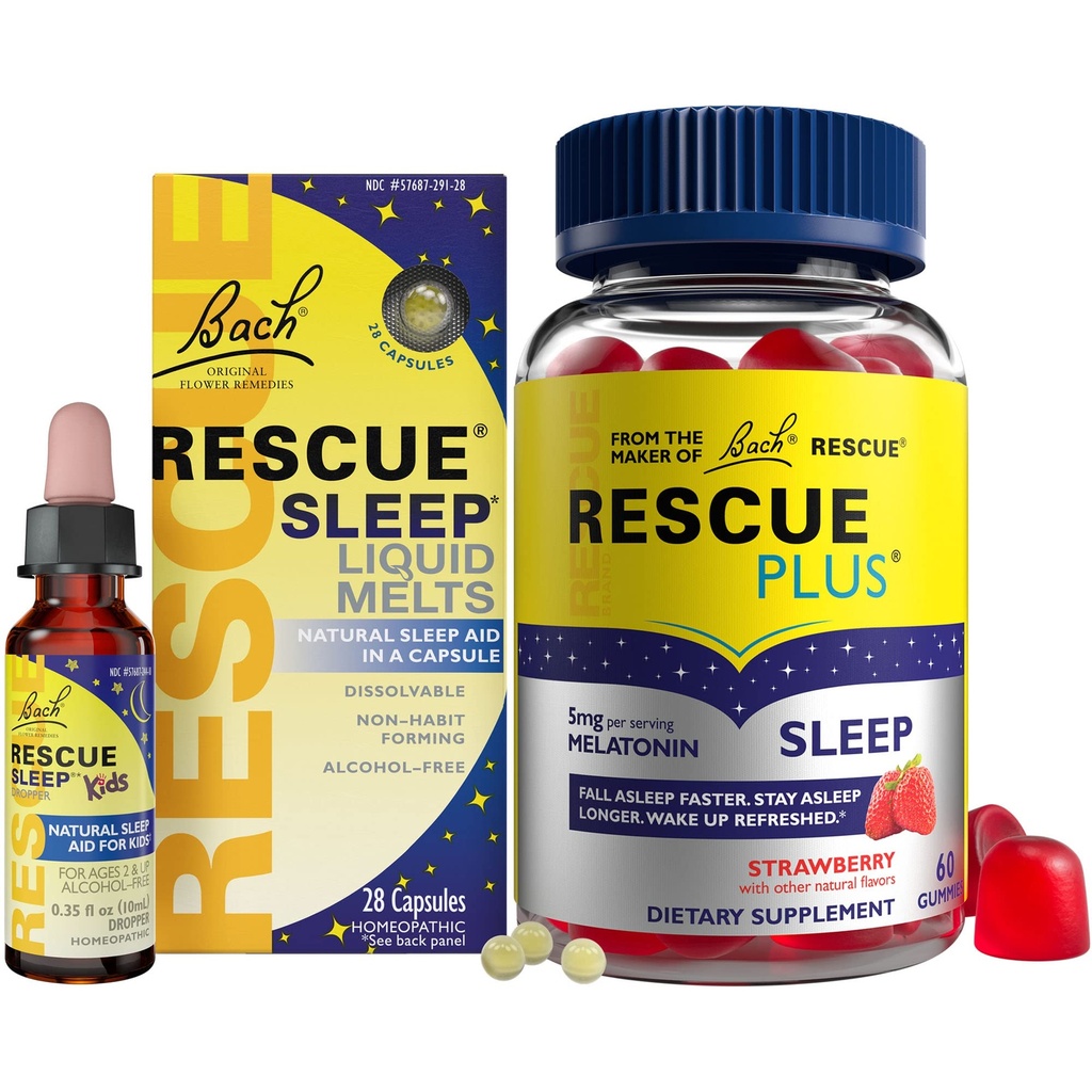 RESCUE Nighttime Sleep Aid Bundle, 3Pk - Bach Sleep Kids Dropper, 10mL Sleep Liquid Melts, 28Ct Plus Sleep Gummies com 5mg de Melatonina/dose, 60Ct