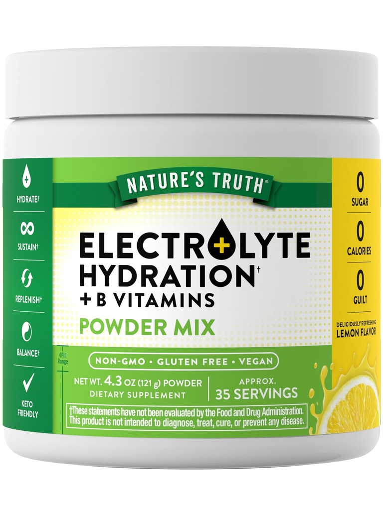 Eletrólitos de verdade da natureza em pó, sem açúcar, com vitamina B, refrescante sabor limão, Vegan, Não-GMO e glúten suplemento gratuito para a hidratação