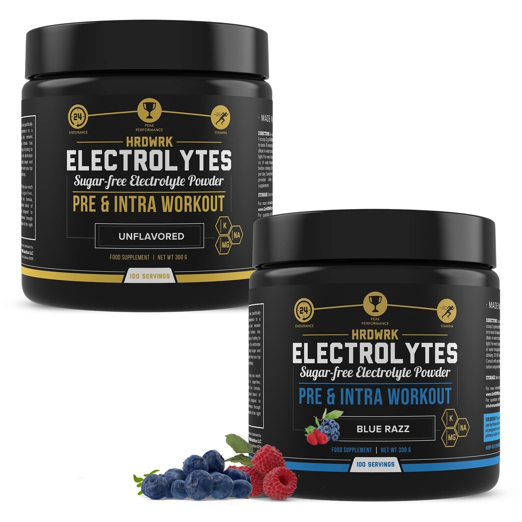 MMA Nutrition HRDWRK 100 Servings Keto Electrolytes Pó Hidratação Açúcar Livre - Electrolyte Pó para aumentar a resistência e reduzir a fadiga com eletrólitos Suplemento - Conjunto de framboesa sem sabor e azul