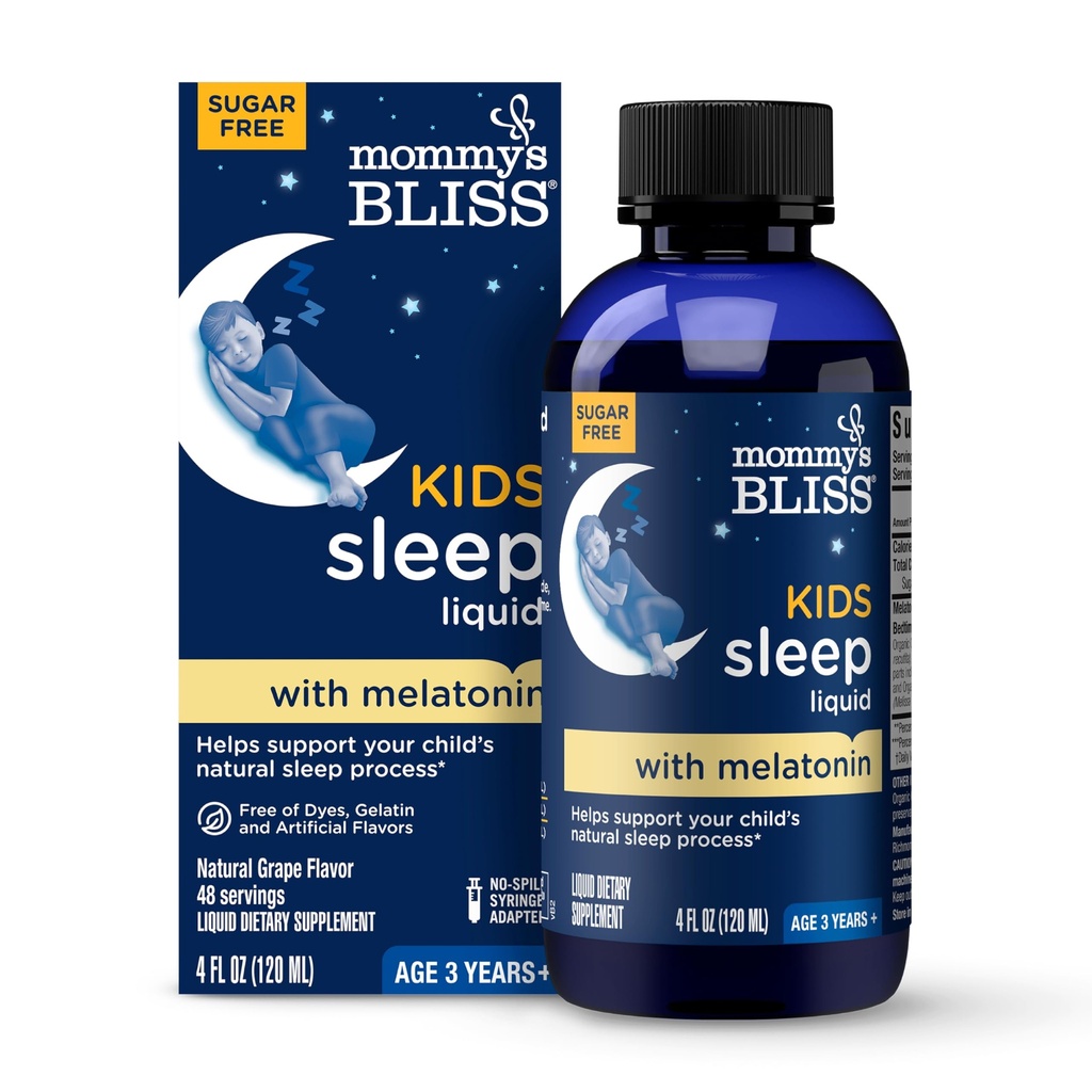 Mãe Bliss crianças dormem líquido com melatonina e ervas calmantes □ Melatonina para crianças 3 Anos & Up □ Sabor de uva □ Açúcar grátis □ 4 Fl Oz (60 Servings)