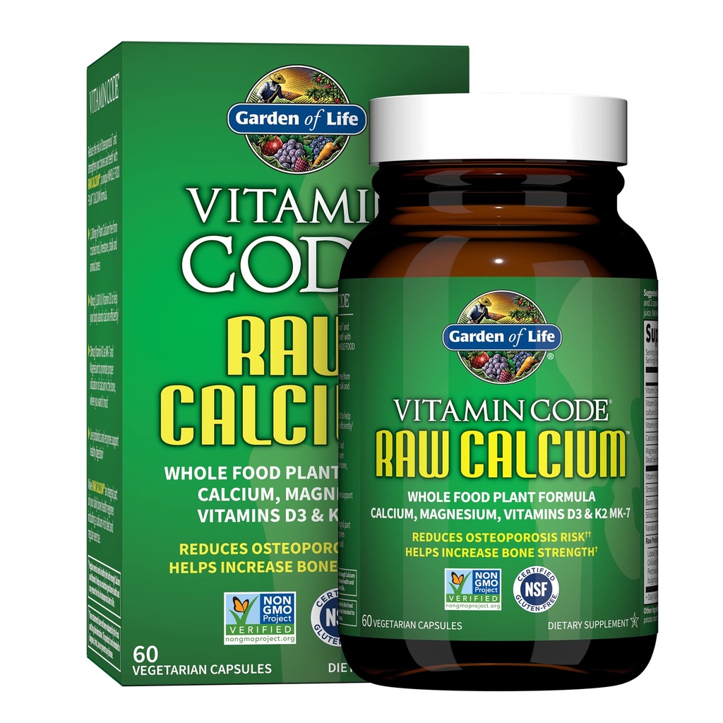Jardim da Vida Suplemento de cálcio cru para mulheres e homens - Código Vitamina Feito de alimentos inteiros com magnésio, K2, Vitamina D3 e Vitamina C Plus Probióticos para Digestão, 60 Cápsulas