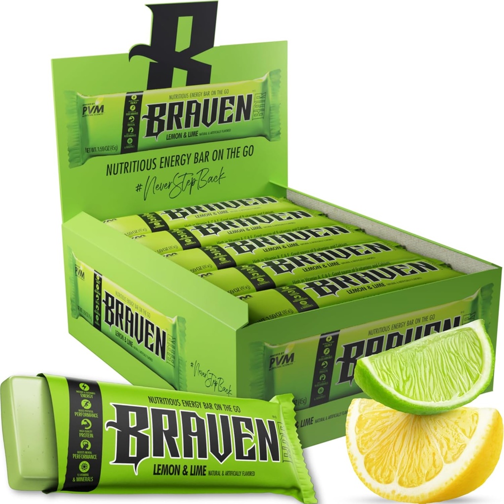 Barras de Energia de Limão Braven Bar (1.59 oz, pacote de 20) – Chews de Energia com 5g de proteína – Lanches de Energia On-the-Go para Correr, Caminhar e Esportes - Lanches Glúten Livres para Aumento de Energia Mantida