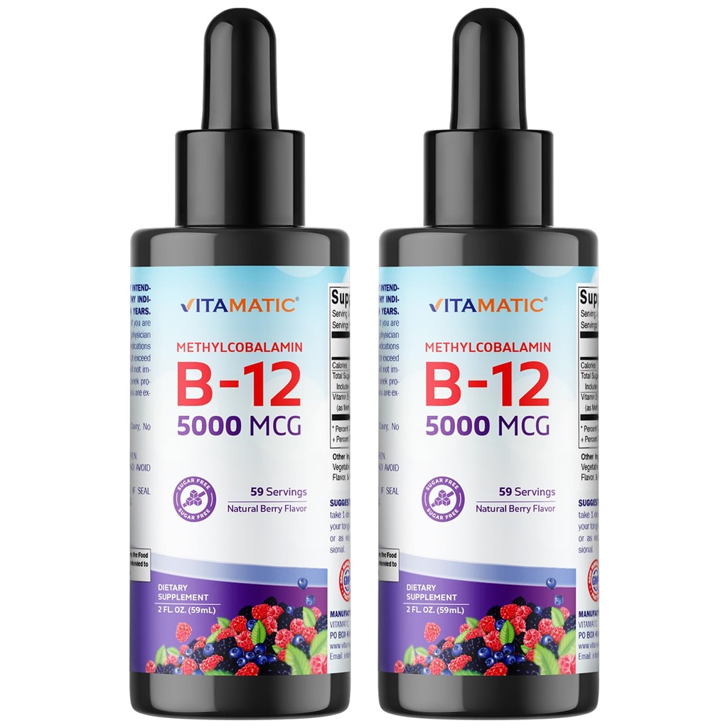 Vitamatic 2 embalagens de vitamina líquida de ação rápida B12 5000 mcg (Metilcobalamina) - sabor de cereja natural - Suplemento sublingual - Absorção mais rápida - 2 OZ