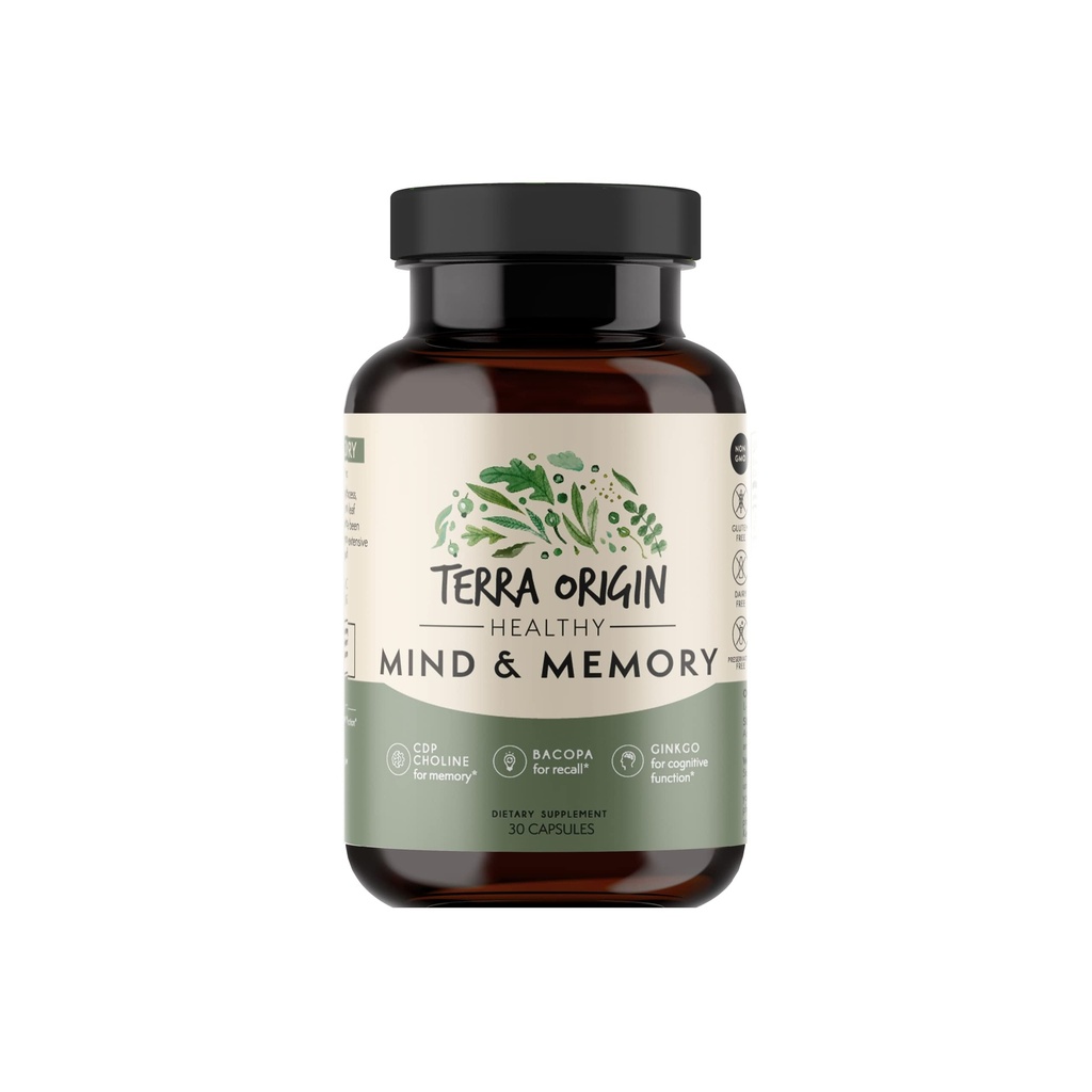 TERRA ORIGIN Healthy Mind and Memory Support Supplement □ Matriz de Memória Cognitiva □ Nootropic CDP, Bacopa, L-Tirosina, Huperzina A, Ginko, B12