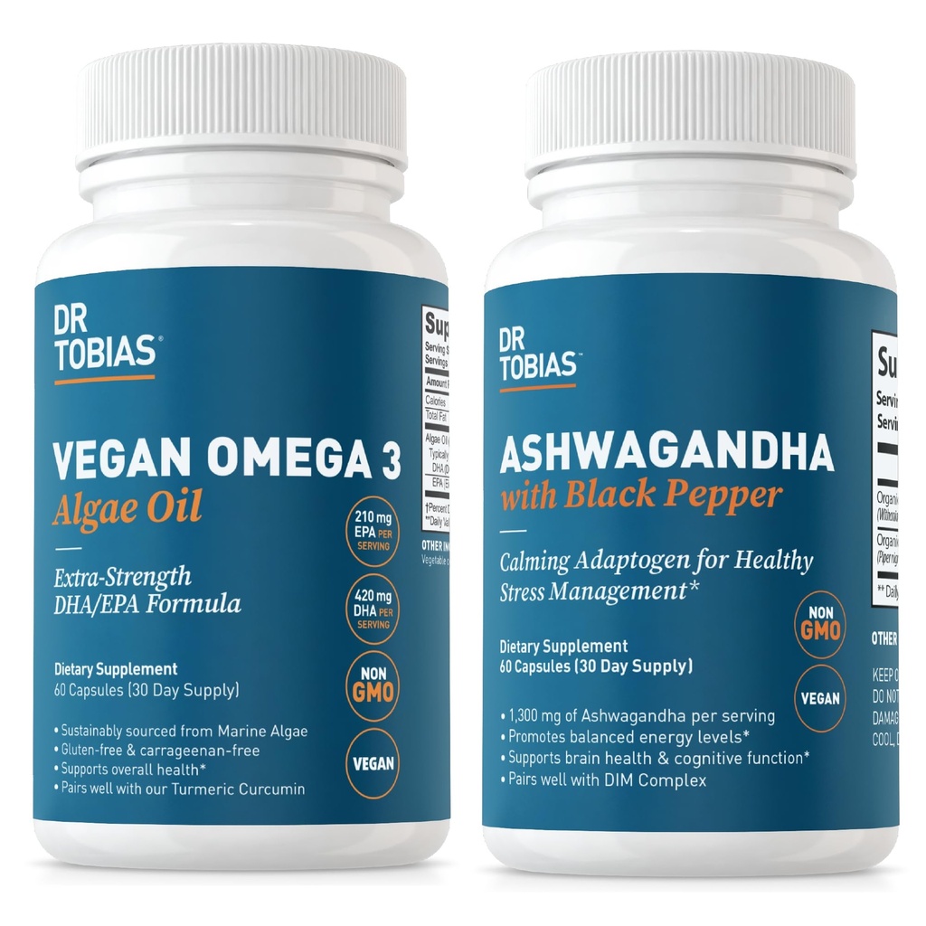 Dr. Tobias Vegan Omega 3 Algae Oil e Ashwagandha Cápsulas, Suporta Resiliência, Saúde Imune, e Bem-Estar Geral, Não-GMO, Vegan