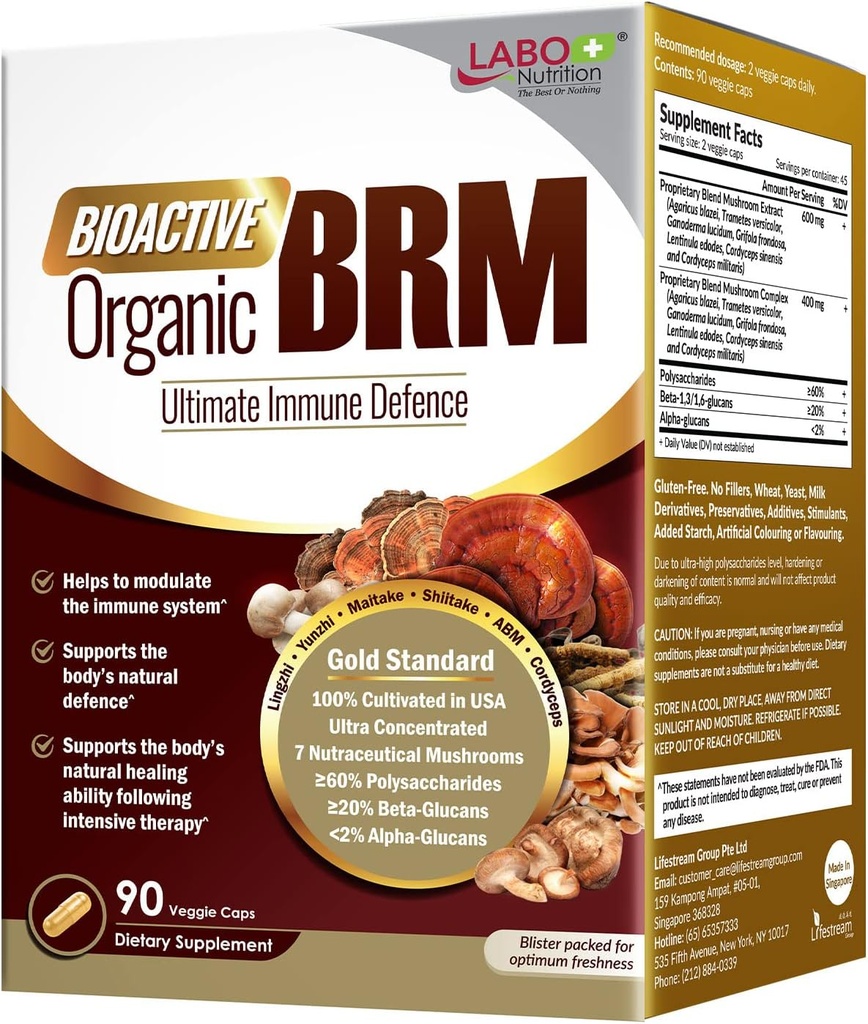 LABO Nutrition Bioactive Organic BRM - Suporte imunológico avançado e manter a atividade natural da célula assassina; 6 cogumelos terapêuticos Lingzhi, Yunzhi, Maitake, Shiitake, Agaricus Blazei Murill & Cordyceps